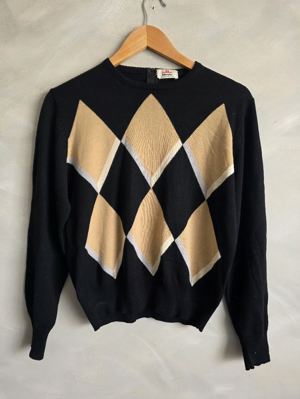 Vintage Merino Wool Knit Argyle Sweater Diamond Colorblock Womens L Flaw
